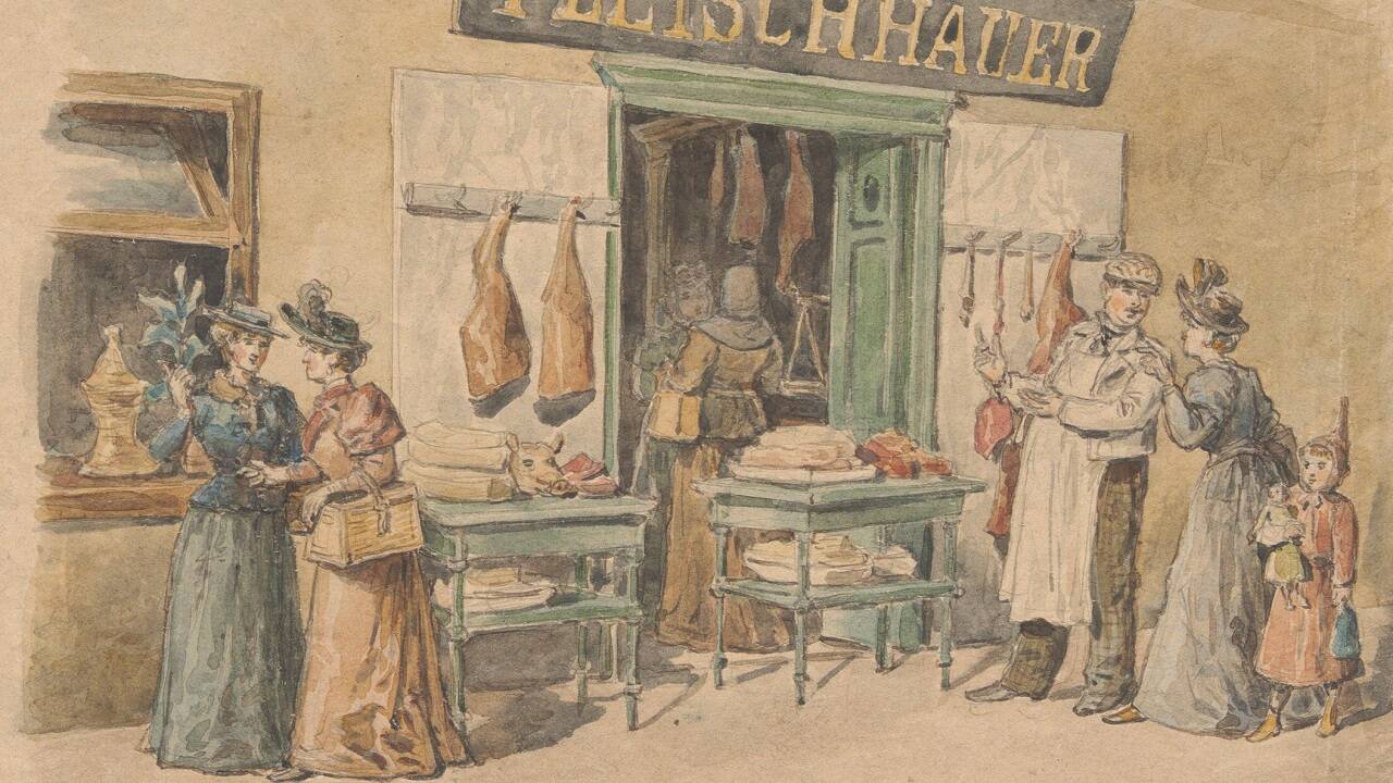 Gustav Zafaurek, Vor dem Fleischhauerladen, um 1880/90, Foto: Wien Museum<br /> 