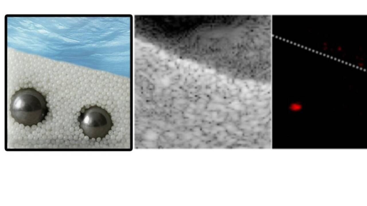 Die Metallkugeln (l.) können auch unter dem Sand nachgewiesen werden (r.) 