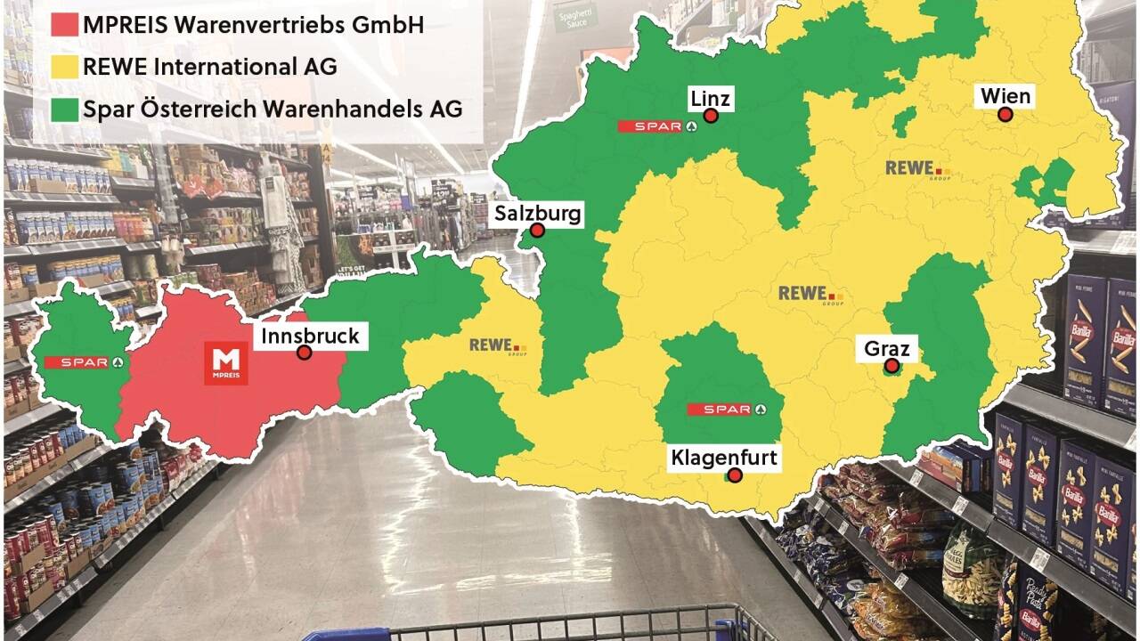 Wer hat wo die Nase vorne: Regionale Marktführer im heimischen Lebensmittelhandel, berechnet nach der Verkaufsfläche (Quelle: RegioData). 