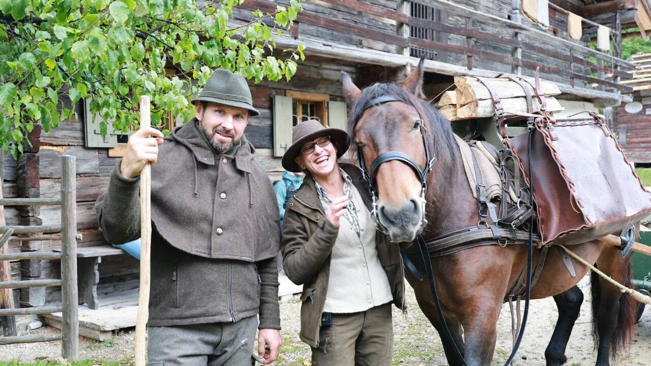 Christian Aigner und Anja Greunz mit Norikerpferd „Lady“. Sie ist mit 20 Prozent ihres Körpergewichts beladen, das sind in ihrem Fall bis zu 160 Kilogramm. 