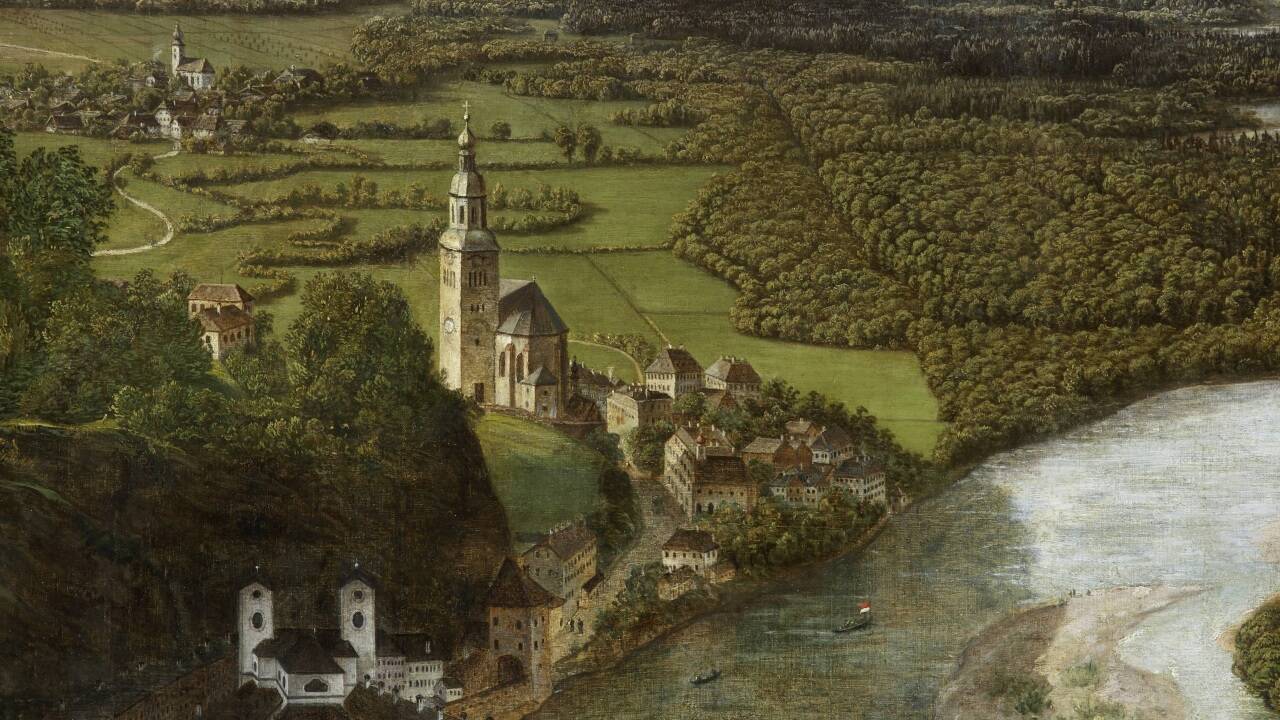 Ein Detailausschnitt aus dem Sattler-Panorama. Die Ansicht von Salzburg schuf der Maler Johann Michael Sattler zwischen 1825 und 1829.  