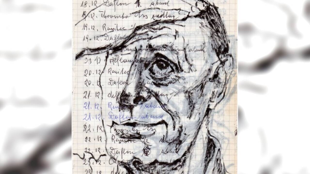 Mit seiner Serie „Gerohermeneutisches Applikationsschema“ kombiniert Bernhard Gwiggner Notizen (in diesem Fall zur Tabletteneinnahme) mit Zeichnungen zum Thema Alter. 