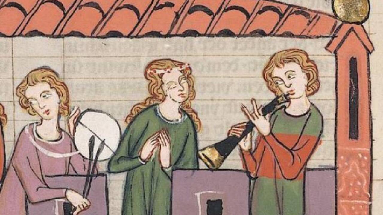 Musiker mit Schalmei, Ausschnitt aus „Albrecht Marschall von Rapperswil“, Codex Manesse, zwischen 1305 und 1340. <br /> 