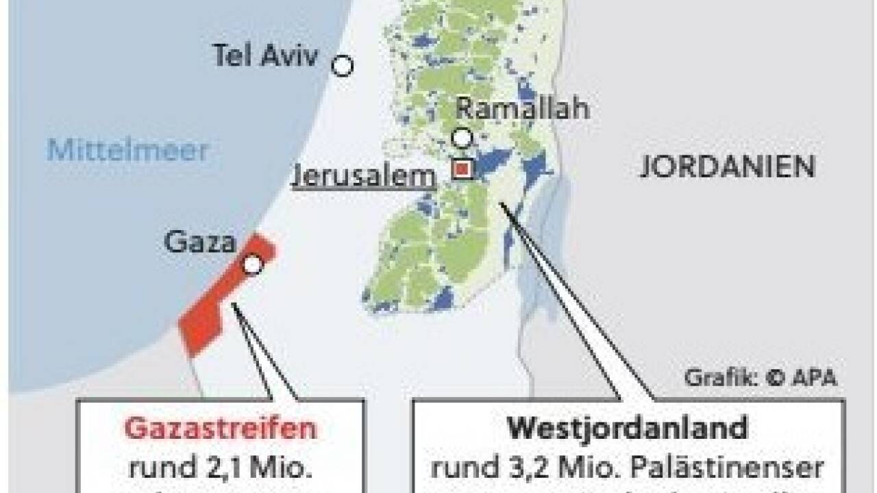 Die Karte zeigt die beiden von Israel besetzen Palästinensergebiete: Der Gazastreifen ist nur 360 km groß und damit kleiner als Wien (414 km), aber mit 2,1 Millionen Einwohner extrem dicht besiedelt. Im 5800 km großen Westjordanland, das ebenfalls seit 1967 von Israel besetzt ist, leben 3,2 Millionen Palästinenser neben 700.000 jüdischen Siedlern. 
