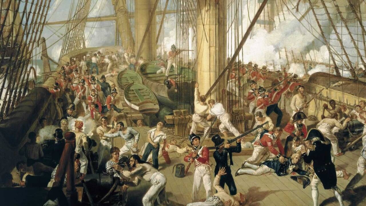 1805: Der britische Admiral Lord Nelson besiegt in der entscheidenden Seeschlacht von Trafalgar (südlich von Cádiz) die französisch-spanische Flotte, wird aber dabei tödlich verwundet. 1805: Der britische Admiral Lord Nelson besiegt in der entscheidenden Seeschlacht von Trafalgar (südlich von Cádiz) die französisch-spanische Flotte, wird aber dabei tödlich verwundet.