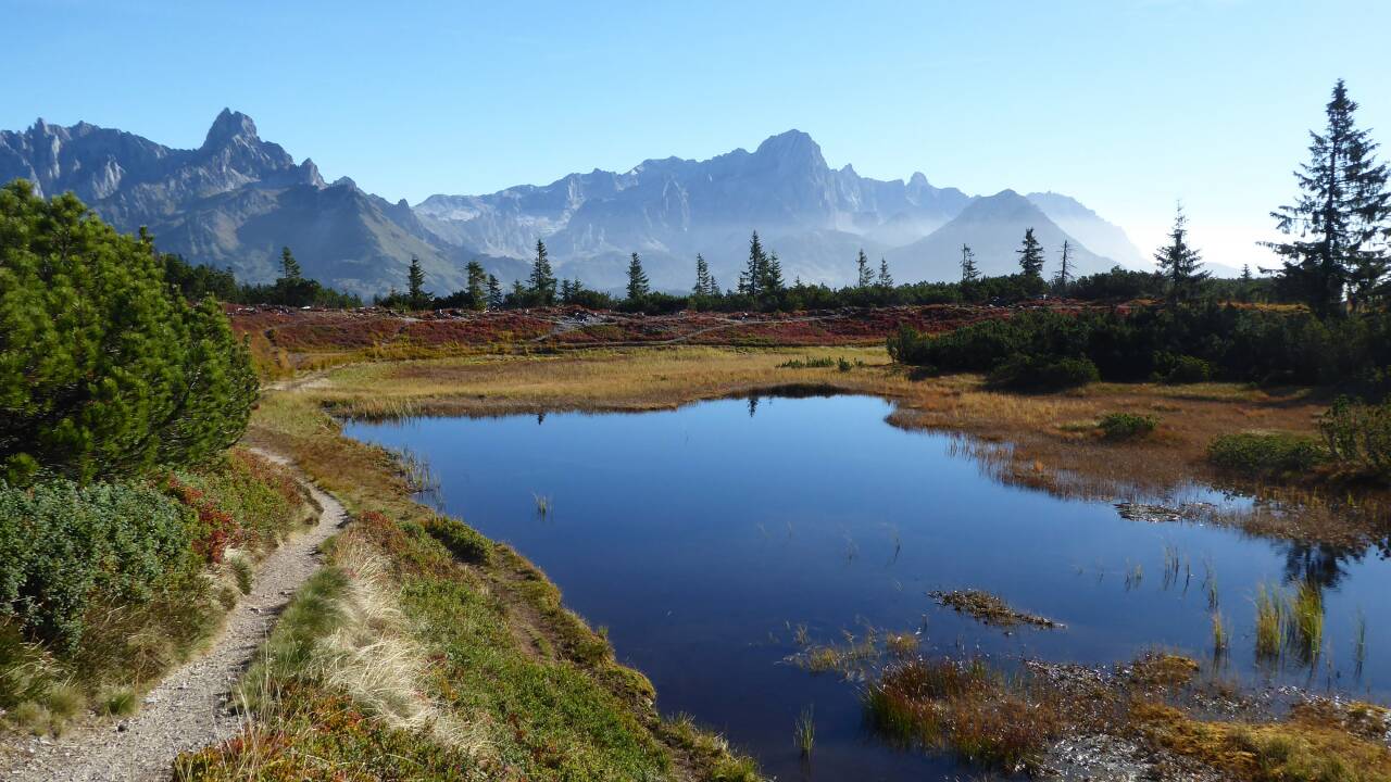  Die Schwarze Lacke umrahmt von Bischofsmütze (li.) und Dachstein.  
