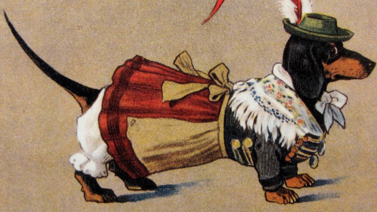 Dackel in Tracht: Postkarte von Paul Otto Engelhard, erschienen um 1905 im Verlag Ottmar Zieher. 