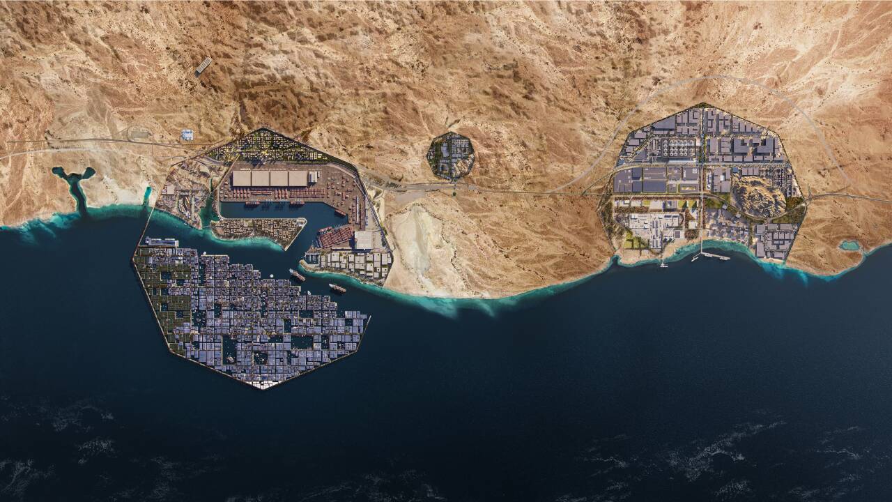 Oxagon ist Teil des riesigen saudischen Projekts Neom im Roten Meer. Oxagon ist Teil des riesigen saudischen Projekts Neom im Roten Meer.