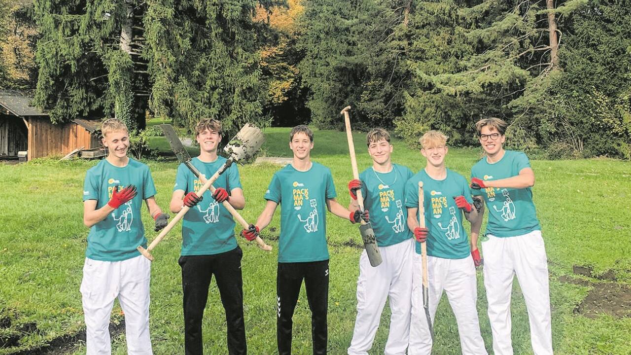 Die sechs Burschen der 7. Klasse des BG Schärding stechen ein großes Herz aus, in dem eine Blumenwiese für Bienen entstehen wird.  