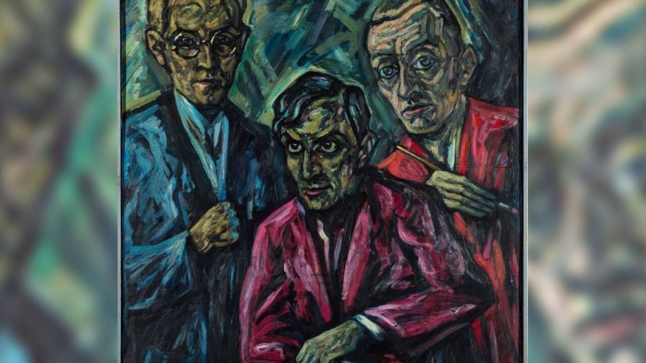 Emil Betzler, „Die Gruppe Ghat“, 1920/21, Öl auf Pressspannplatte  Emil Betzler, „Die Gruppe Ghat“, 1920/21, Öl auf Pressspannplatte