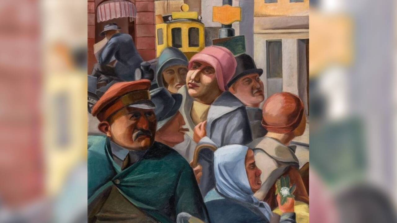 Karl Tratt, „Straßenszene mit Gepäckmann“, 1932, Öl auf Karton  Karl Tratt, „Straßenszene mit Gepäckmann“, 1932, Öl auf Karton
