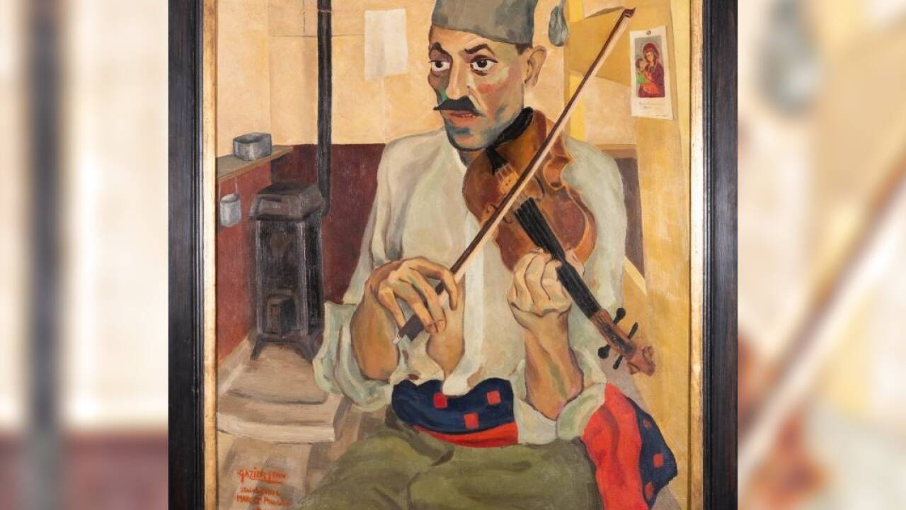 Jean Paul Gazier, Musiker im Stalag XVIII C (317), Markt Pongau, 1942, Öl auf Leinwand   Jean Paul Gazier, Musiker im Stalag XVIII C (317), Markt Pongau, 1942, Öl auf Leinwand