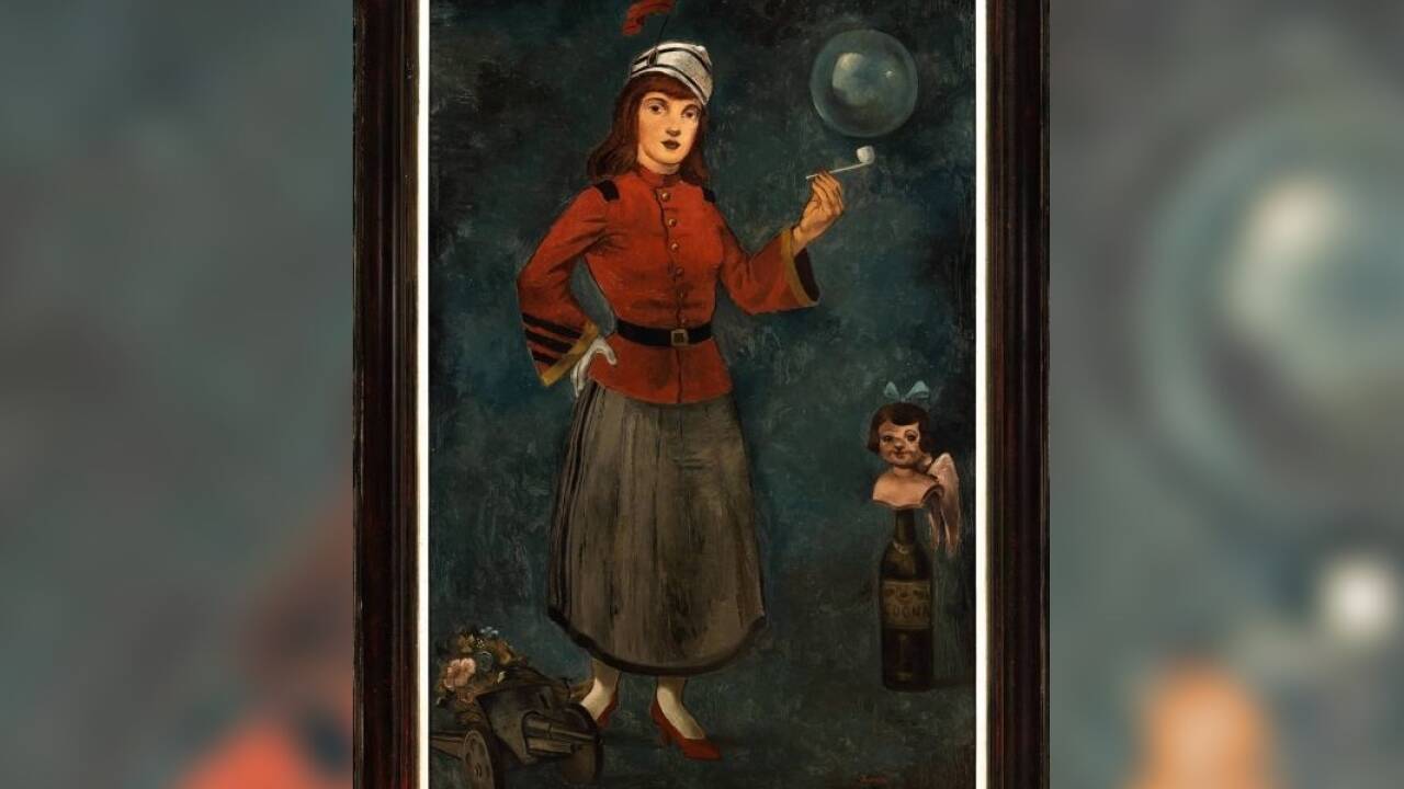 Mack Kock, „Frau mit Pfeife“, ohne Datum, Öl auf Leinwand  Mack Kock, „Frau mit Pfeife“, ohne Datum, Öl auf Leinwand