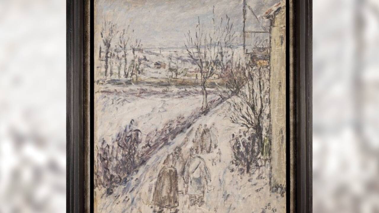 Jechezkiel David Kirszenbaum, „Die Internierten vo St.-Saveur im Schnee“, 1941, Leihgabe der Collection du Centre national des arts plastiques, Paris.   Jechezkiel David Kirszenbaum, „Die Internierten vo St.-Saveur im Schnee“, 1941, Leihgabe der Collection du Centre national des arts plastiques, Paris.