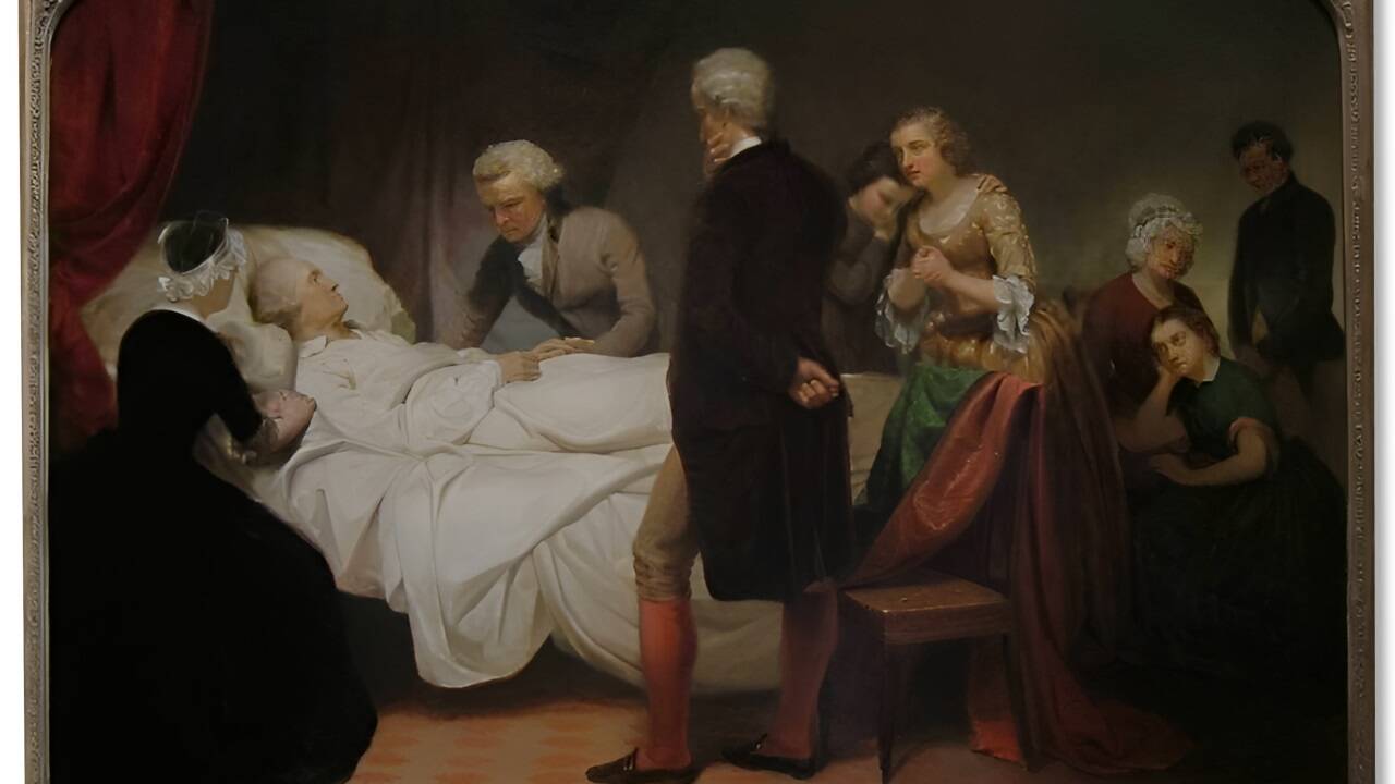 George Washington auf dem Sterbebett, Gemälde von Junius Brutus Stearns, 1851.  George Washington auf dem Sterbebett, Gemälde von Junius Brutus Stearns, 1851.