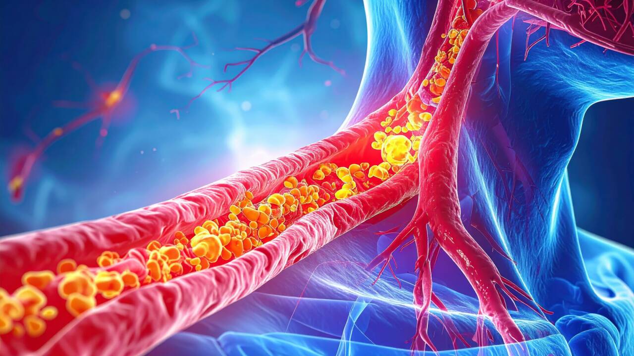 Detailed medical illustration of carotid artery showing plaque buildup. This concerning view of atherosclerosis has 