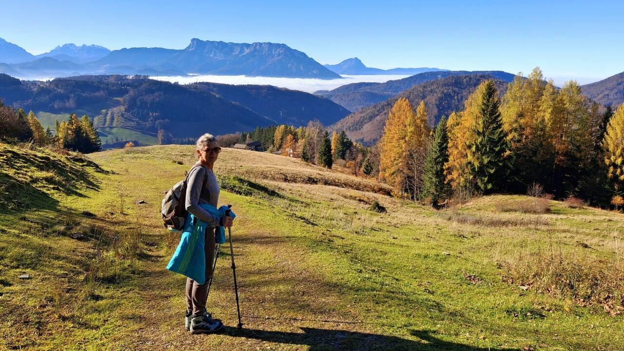 Sonnige Aussichten vom Ochsenberg mit Blick auf den Untersberg. 