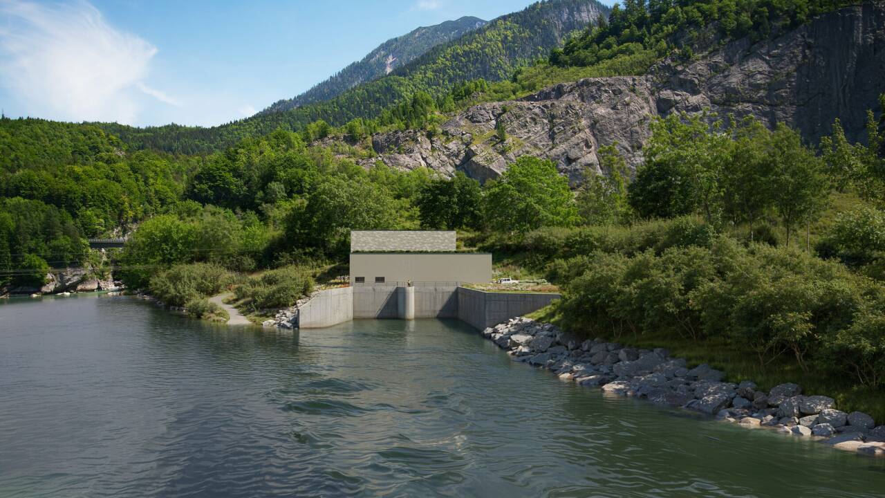 Verbund und Salzburg AG laden wieder zum „Energiedialog“ in Golling. Im Bild die Visualisierung des Krafthauses auf der Nordseite des Ofenauerbergs, wo das Wasser wieder zurück in die Salzach geleitet wird. 