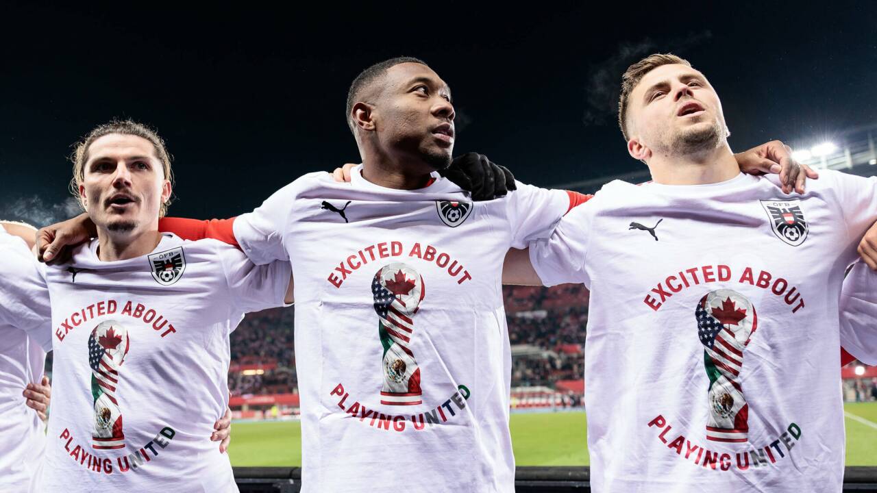 Marcel Sabitzer, David Alaba undChristoph Baumgartner jubelten ausgelassen über die gelungene WM-Qualifikation. Marcel Sabitzer, David Alaba undChristoph Baumgartner jubelten ausgelassen über die gelungene WM-Qualifikation.