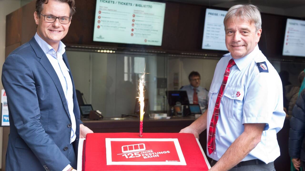 Horst Ebner, Vorstand der Salzburg AG, und Josef Füssl (Leiter FestungsBahn, Salzburg AG)  