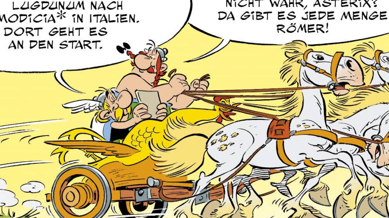 Im neuen Asterix-Band bekommt Obelix bei einem Rennen durch Italien die Zügel in die Hand. Im neuen Asterix-Band bekommt Obelix bei einem Rennen durch Italien die Zügel in die Hand.
