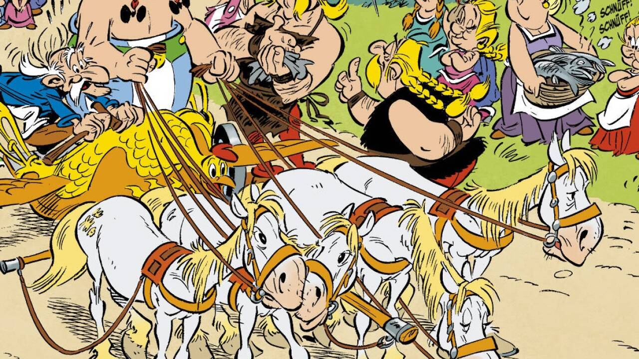 Im neuen Asterix-Band bekommt Obelix bei einem Rennen durch Italien die Zügel in die Hand. Im neuen Asterix-Band bekommt Obelix bei einem Rennen durch Italien die Zügel in die Hand.