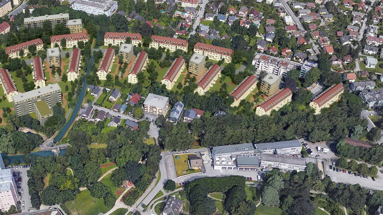 So sieht die Siedlung aus der Vogelperspektive aus.  