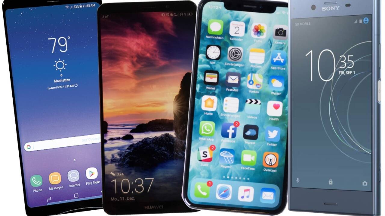 Die vier verglichenen Top-Smartphones: das Galaxy Note 8 von Samsung, Huaweis Mate 10 Pro, das iPhone X und Sonys Xperia XZ1. Die vier verglichenen Top-Smartphones: das Galaxy Note 8 von Samsung, Huaweis Mate 10 Pro, das iPhone X und Sonys Xperia XZ1.