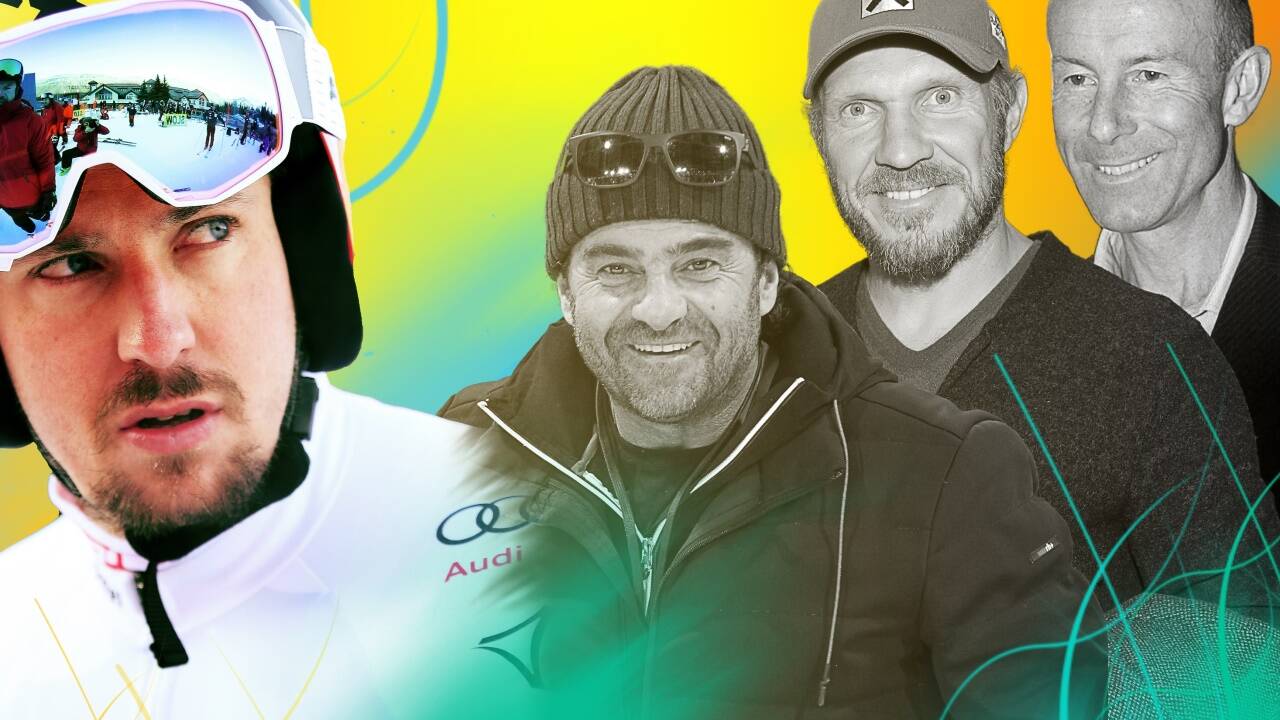 Alberto Tomba (2.v.l.) und Hermann Maier hat Marcel Hirscher schon überholt, Ingemar Stenmark (r.) noch nicht. Alberto Tomba (2.v.l.) und Hermann Maier hat Marcel Hirscher schon überholt, Ingemar Stenmark (r.) noch nicht.
