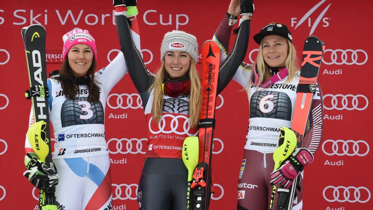 Die schnellsten Slalomdamen von Ofterschwang: Wendy Holdener (SUI), Mikaela Shiffrin (USA) und Frida Hansdotter (SWE). 