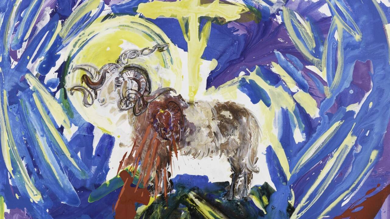 Ostern ist Wandlung: Der Salzburger Künstler Johann Weyringer hat dieses Acrylgemälde auf Leinwand geschaffen (140 x 140 cm). Es trägt den Titel „Würdig ist das Osterlamm, das geschlachtet wurde“ (Offenbarung 5,12). 