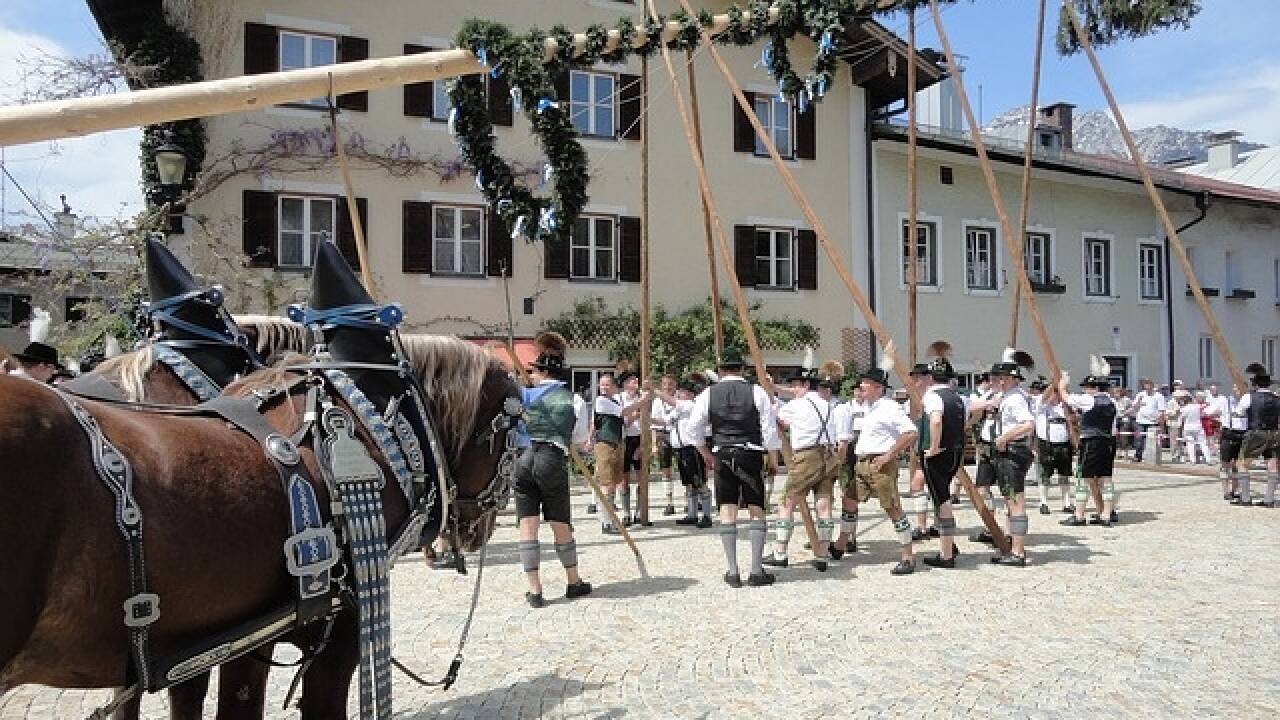 In Österreich wird der Maibaum meist mit reiner Muskelkraft aufgestellt.   In Österreich wird der Maibaum meist mit reiner Muskelkraft aufgestellt.