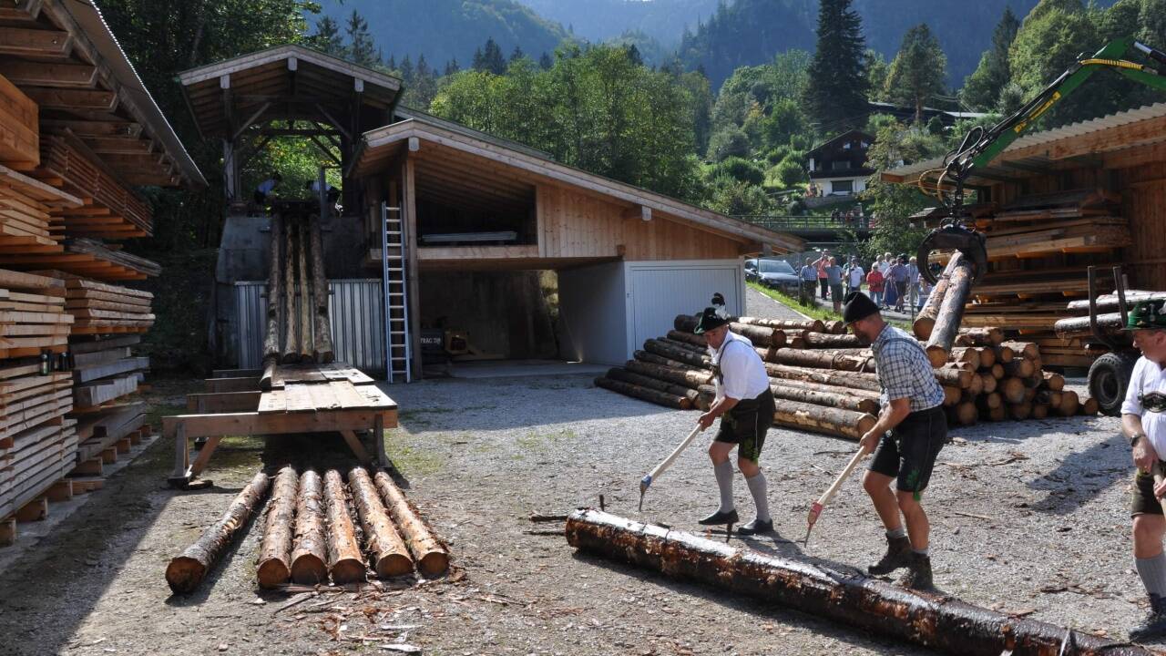 Triftende: Die Holzknechte verarbeiten einen Baumstamm am Triftplatz weiter.  