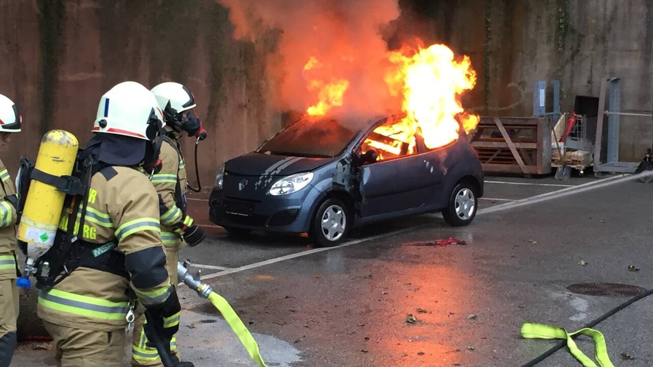 Die Höhepunkte der Leistungsvorführungen waren praktische Vorführungen, besonders Löschübungen an einem brennenden Auto.  