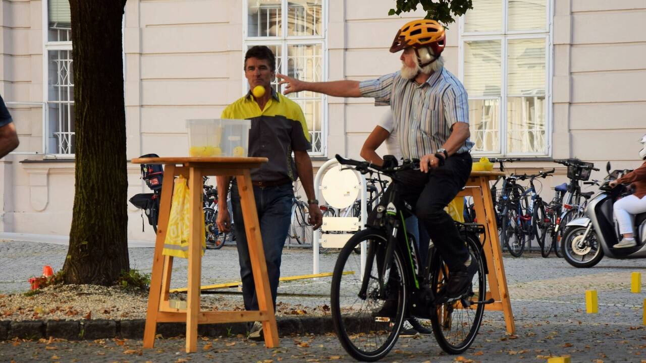 Von der einen Schüssel einen Ball aufnehmen, in die andere hineinwerfen. 