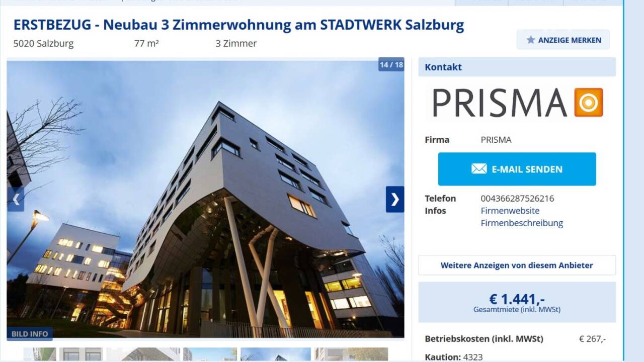 GPA-Geschäftsführer Gerald Forcher legt zwei Screenshots eines Online-Portals als Beleg für die aus seiner Sicht weit überhöhten Mieten vor.  