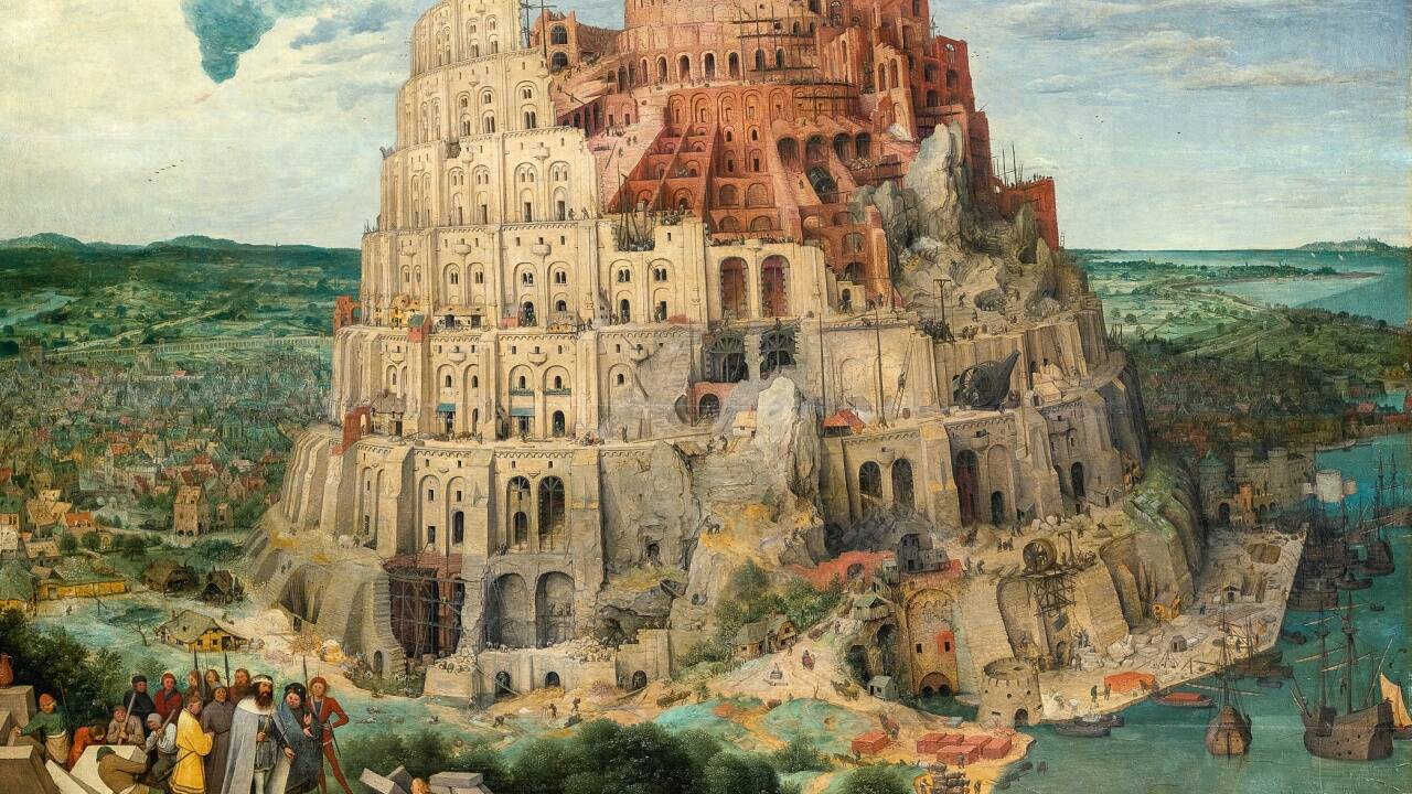 Pieter Bruegel d. Ä. (um 1525/30 vermutlich in Breugel oder Antwerpen ‒ 1569 Brüssel)<br>Der Turmbau zu Babel 1563, Öl auf Holz.   Pieter Bruegel d. Ä. (um 1525/30 vermutlich in Breugel oder Antwerpen ‒ 1569 Brüssel)<br>Der Turmbau zu Babel 1563, Öl auf Holz.