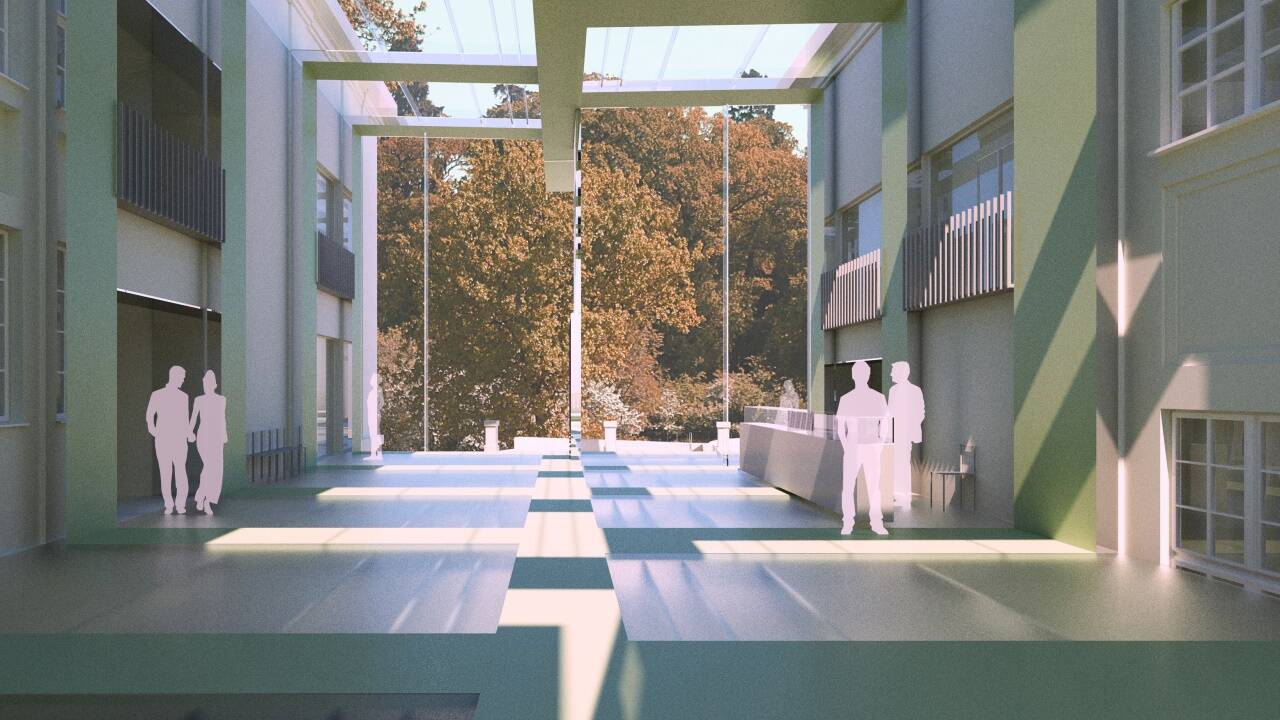 Das neue Pausenfoyer des Salzburger Architektenbüros Maria Flöckner und Hermann Schnöll mit Blick Richtung Bastionsgarten. 