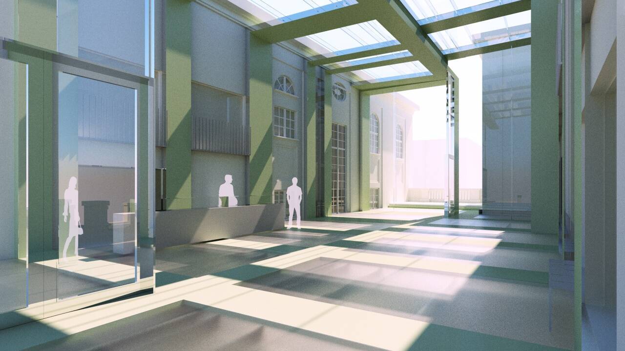 Das neue Pausenfoyer des Salzburger Architektenbüros Maria Flöckner und Hermann Schnöll mit Blick Richtung Schwarzstraße. 