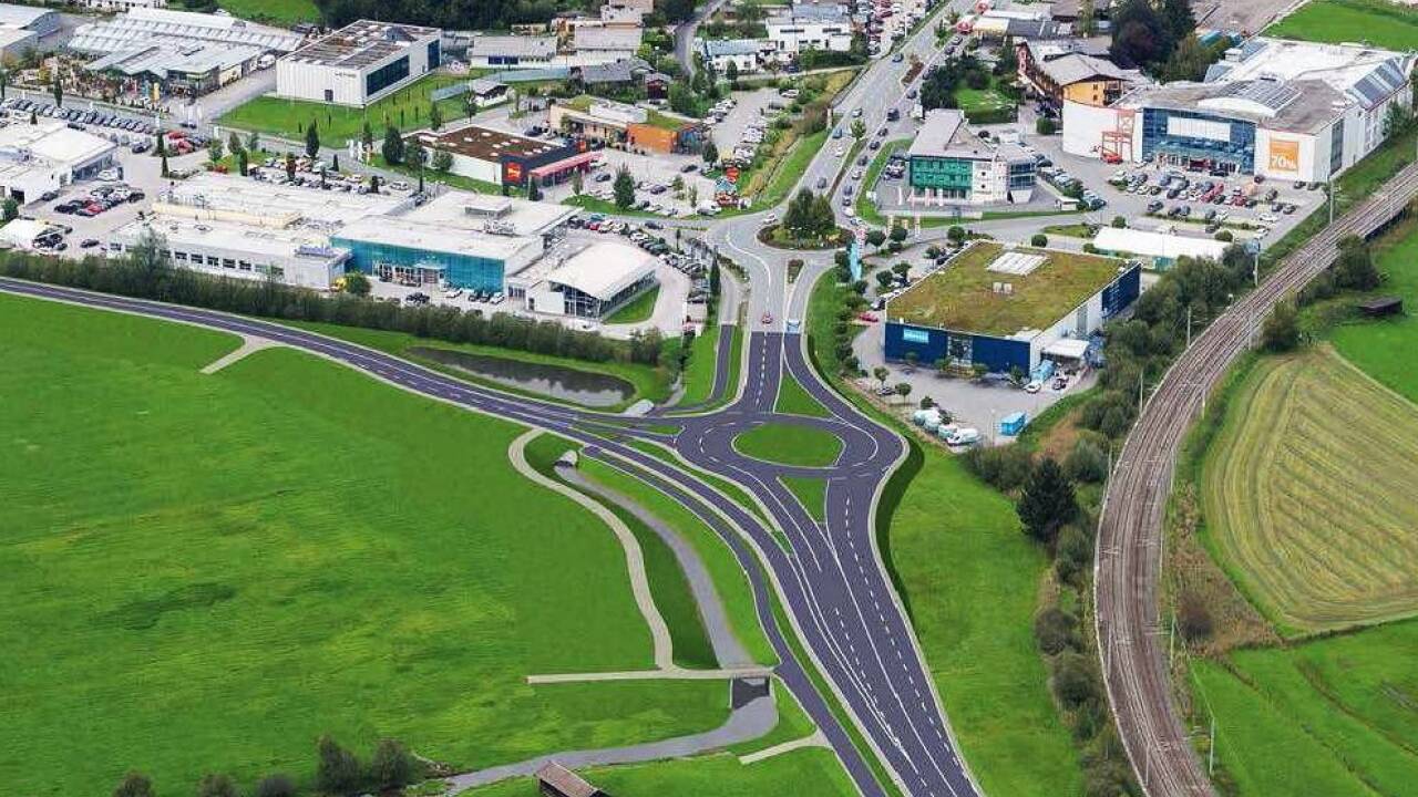 Anbindung an die B311 im Bereich der Firmen Porsche und Möbelix in Schüttdorf. Ein zweispuriger Kreisverkehr mit drei Armen ist geplant. Es kann in alle Richtungen abgebogen bzw. gefahren werden.  Bild:Land Salzburg  