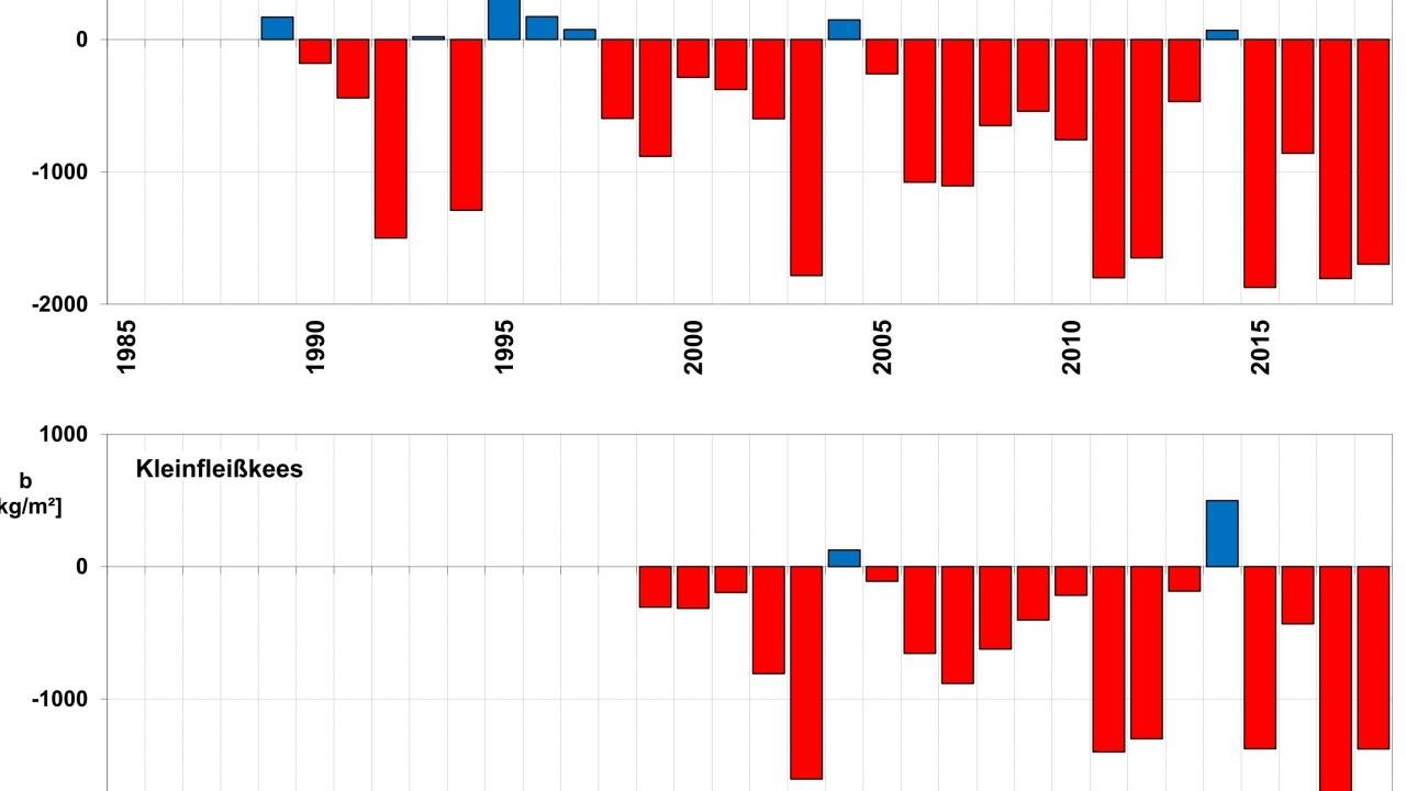 Goldbergkees (oben) und Kleinfleißkees (unten) verloren in den meisten Jahre deutlich am Masse (rot) und hatten nur wenige positive Jahre (blau).  
