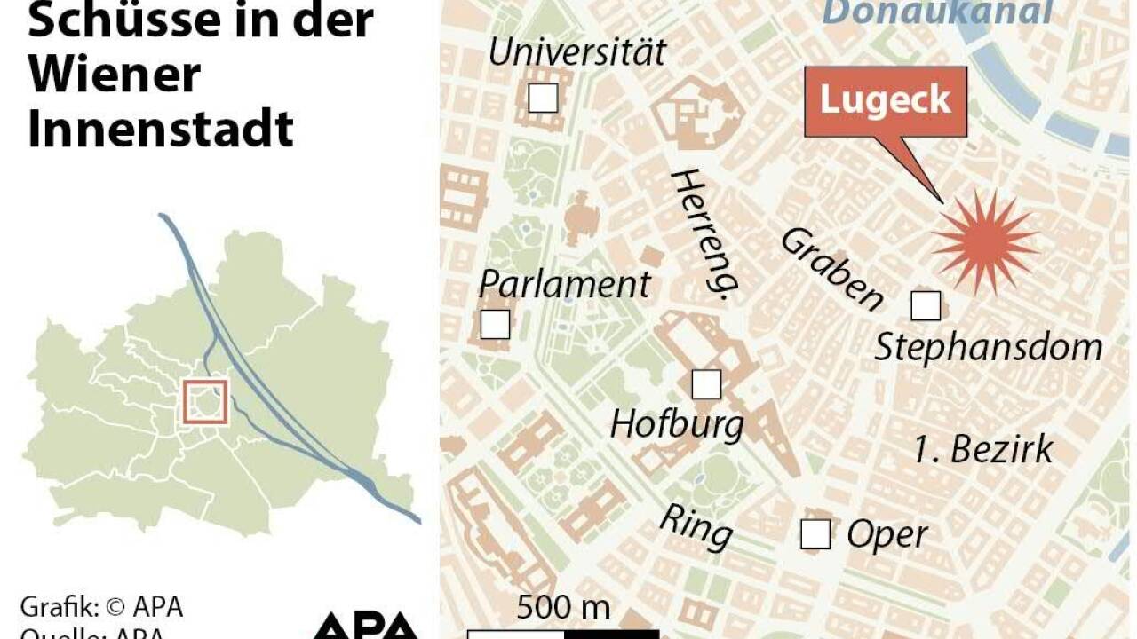 Ein Toter und ein Verletzter nach Schüssen vor dem Restaurant „Figlmüller“ in der Wiener Innenstadt. 