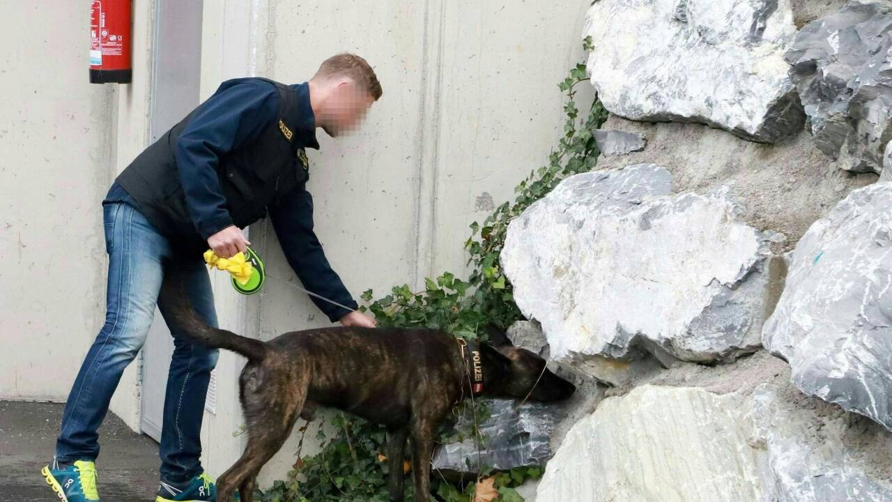Im Bild ein Ermittler mit Spürhund vor dem Haus, in dem sich die Tat ereignete.   Im Bild ein Ermittler mit Spürhund vor dem Haus, in dem sich die Tat ereignete.