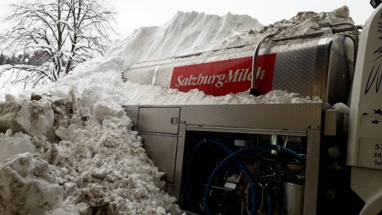 Milchsammeln im Schneechaos. Oben: Dachlawine in Thalgauegg. Links: Vom Weg abgekommen in Faistenau. Milchsammeln im Schneechaos. Oben: Dachlawine in Thalgauegg. Links: Vom Weg abgekommen in Faistenau.
