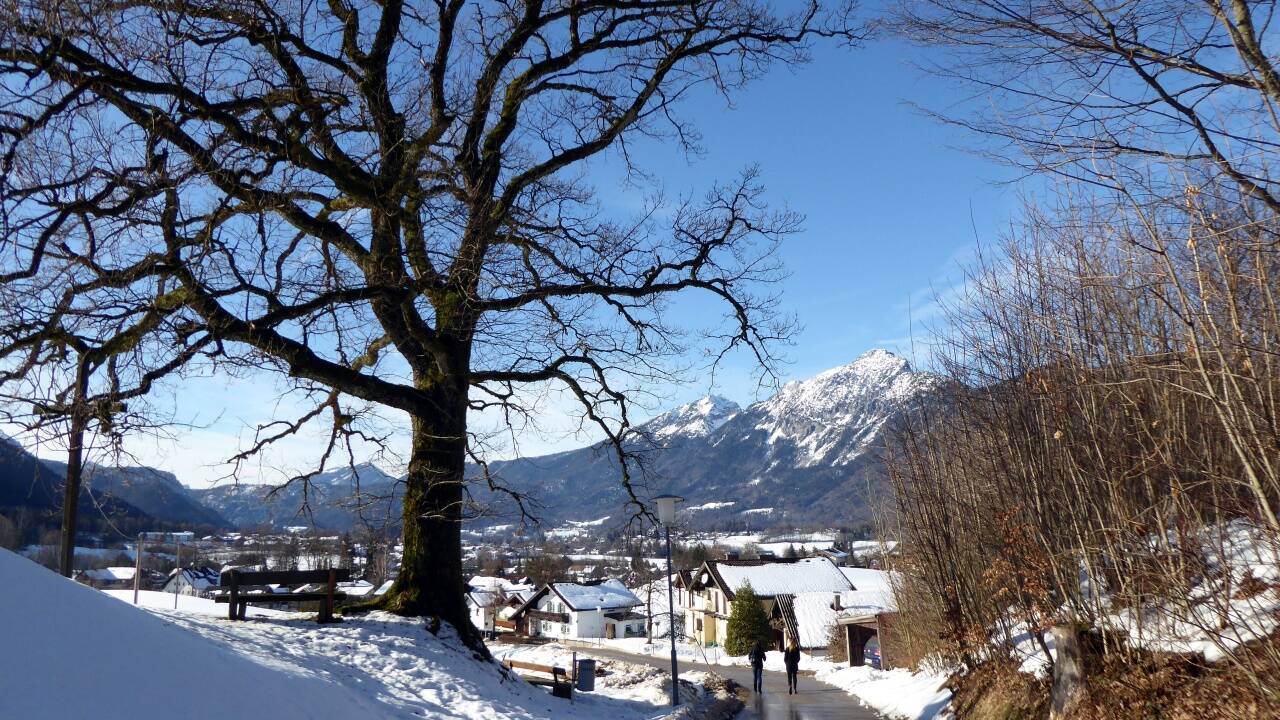 Auf geräumten Wegen mit Blick auf das Staufengebirge rund um Großgmain. 