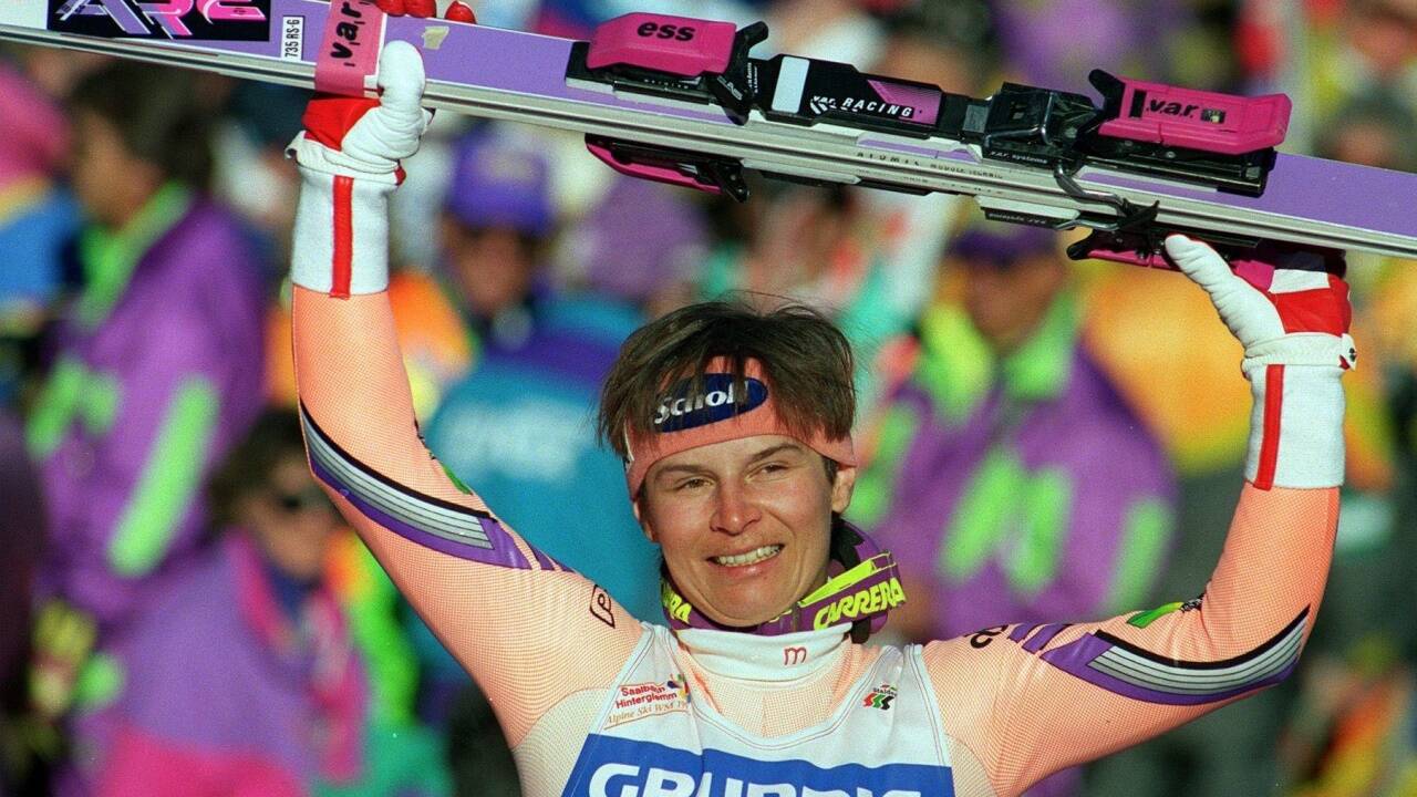 Ulrike Maier nach ihrem WM-Sieg 1991 in Saalbach. 
