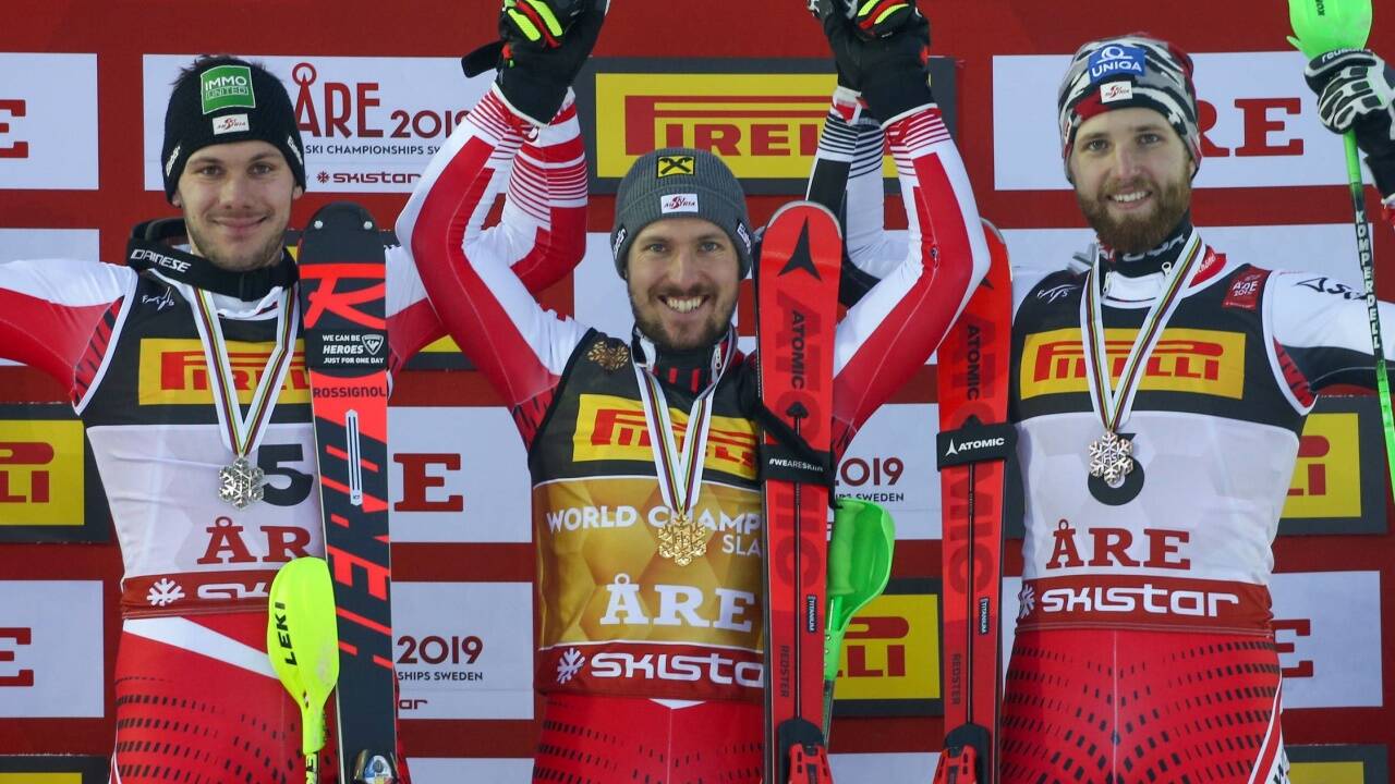 Historisches Podest bei einer WM: ÖSV-Dreifacherfolg durch Michael Matt, Marcel Hirscher und Marco Schwarz (v.l.). 