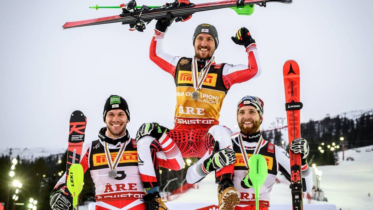 Historisches Podest bei einer WM: ÖSV-Dreifacherfolg durch Michael Matt, Marcel Hirscher und Marco Schwarz (v.l.). 