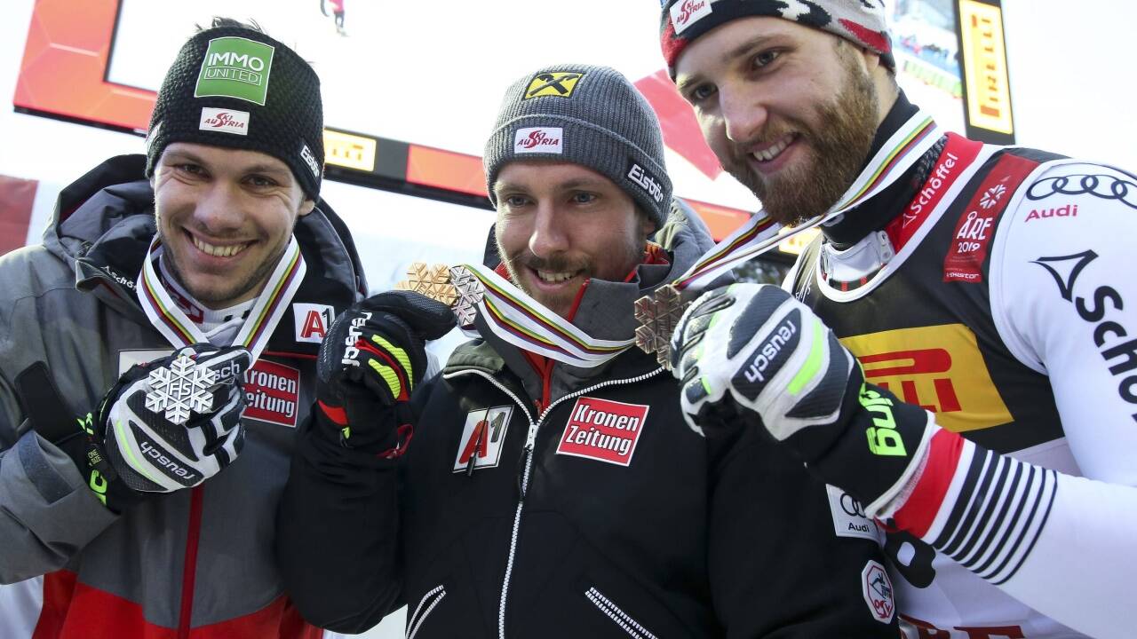 Historisches Podest bei einer WM: ÖSV-Dreifacherfolg durch Michael Matt, Marcel Hirscher und Marco Schwarz (v.l.). 