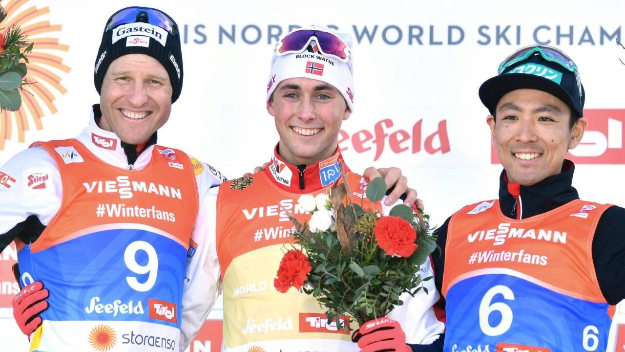 Das WM-Podest: Gruber, Riiber, Watabe. 